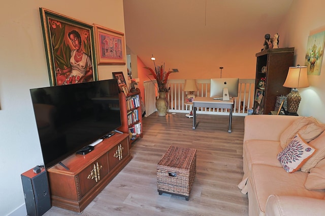 living area with radiator heating unit and wood finished floors