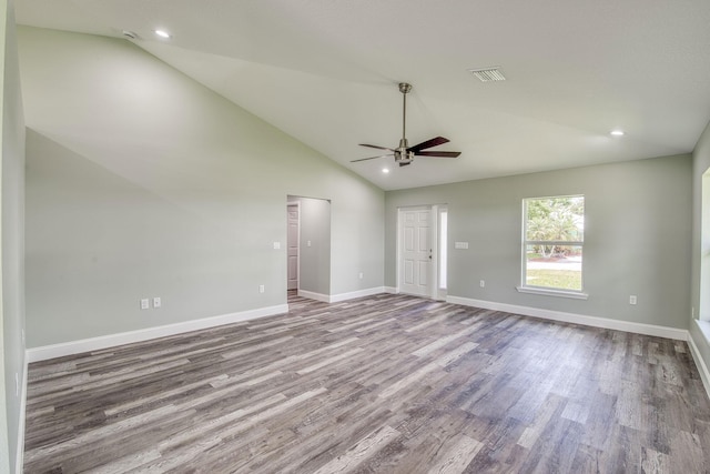 unfurnished room with baseboards, wood finished floors, recessed lighting, and ceiling fan
