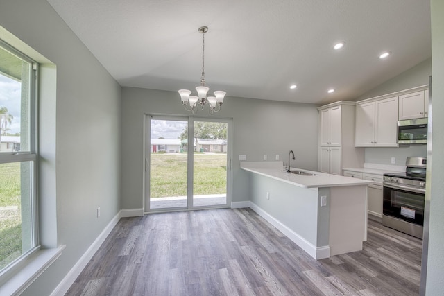 kitchen featuring white cabinets, a sink, wood finished floors, light countertops, and appliances with stainless steel finishes