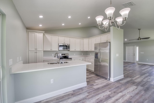 kitchen featuring a sink, a peninsula, appliances with stainless steel finishes, visible vents, and recessed lighting