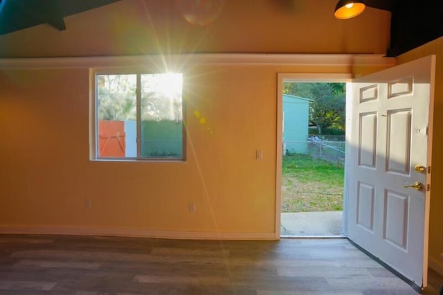 foyer entrance with baseboards and wood finished floors