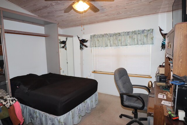 living area with wood ceiling, light carpet, lofted ceiling, visible vents, and ceiling fan