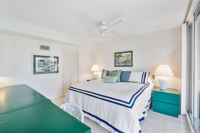 bedroom featuring a closet, a ceiling fan, visible vents, and light tile patterned flooring