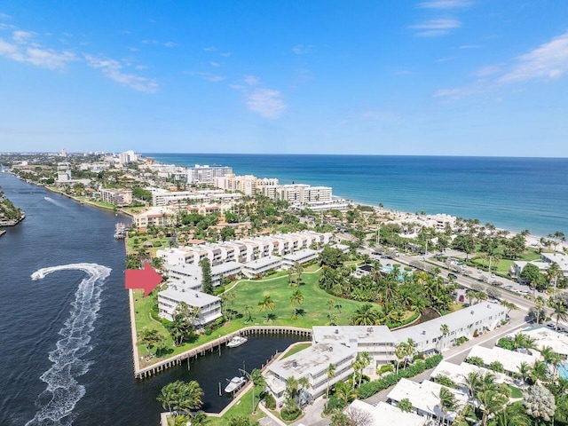 drone / aerial view with a water view
