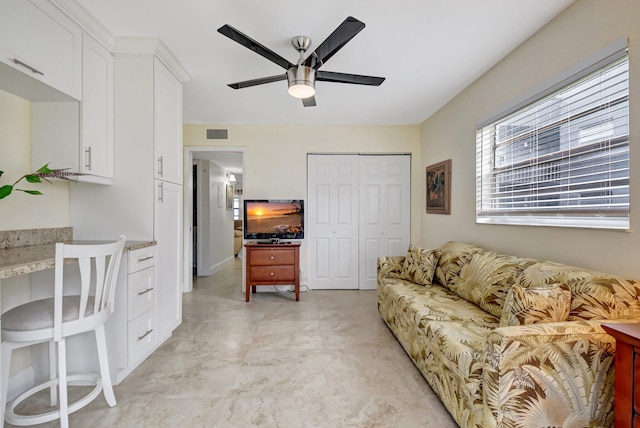 881 Normandy S, Delray Beach, FL 33484 - living room with ceiling fan and visible vents
