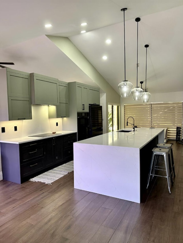 9494 Sun Pointe Dr, Boynton Beach, FL 33437 - kitchen featuring a sink, dark wood-style flooring, black appliances, a large island, and high vaulted ceiling