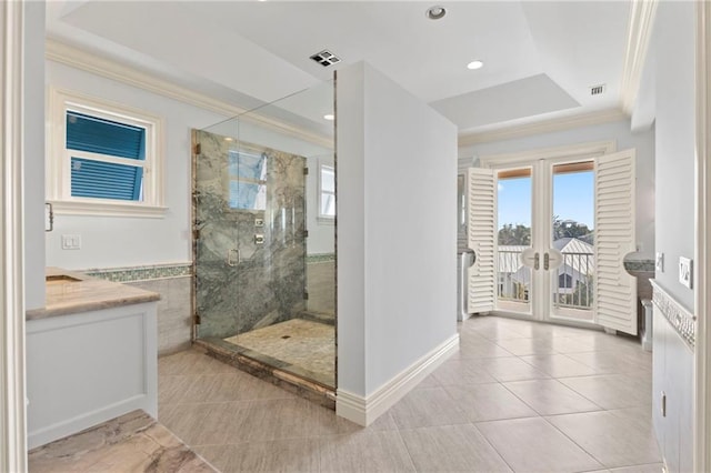 full bathroom with tile patterned floors, ornamental molding, french doors, and visible vents