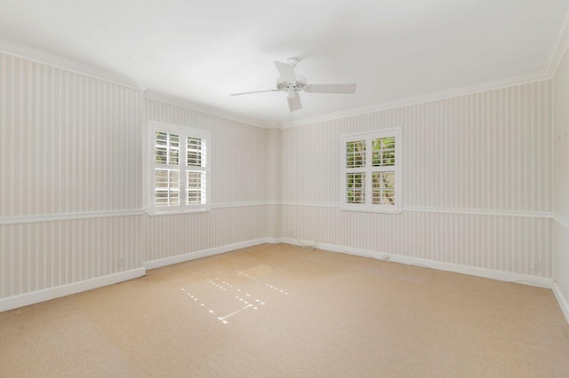 carpeted spare room featuring a wealth of natural light and ornamental molding