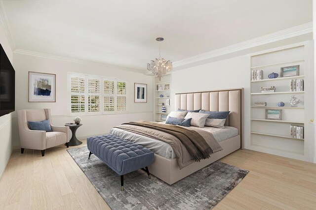bedroom featuring ornamental molding, an inviting chandelier, and wood finished floors