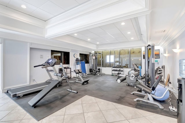 4605 S Ocean Blvd Unit 4C, Highland Beach, FL 33487 - exercise room featuring ornamental molding, a tray ceiling, recessed lighting, and tile patterned flooring