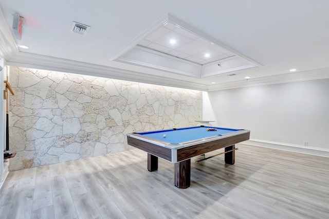 4605 S Ocean Blvd Unit 4C, Highland Beach, FL 33487 - game room featuring a raised ceiling, ornamental molding, pool table, wood finished floors, and baseboards