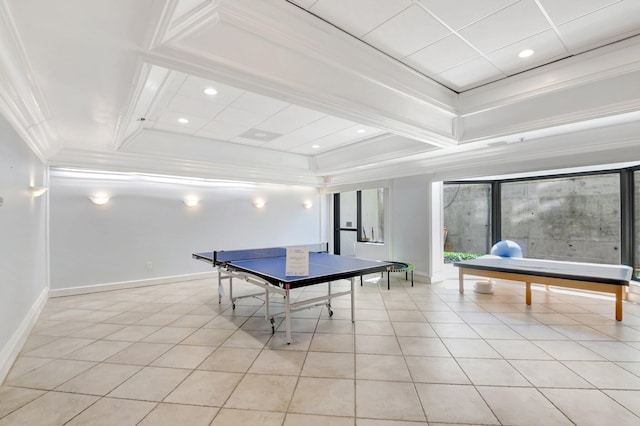 4605 S Ocean Blvd Unit 4C, Highland Beach, FL 33487 - recreation room with ornamental molding, coffered ceiling, light tile patterned flooring, baseboards, and recessed lighting