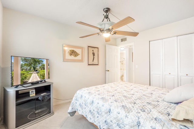 325 Tilford P, Deerfield Beach, FL 33442 - bedroom featuring light tile patterned floors, baseboards, ceiling fan, visible vents, and a closet