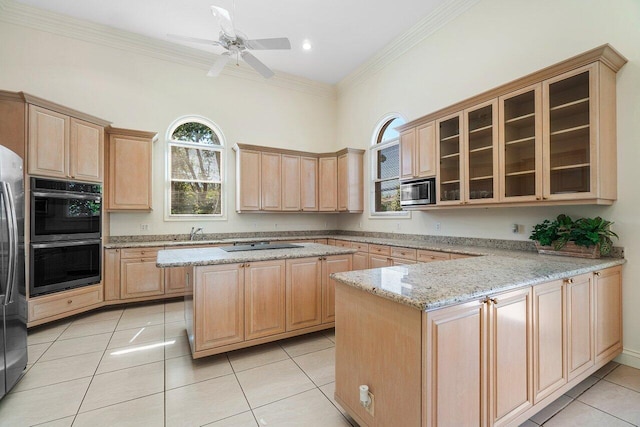 kitchen with a peninsula, ornamental molding, appliances with stainless steel finishes, light brown cabinets, and a sink