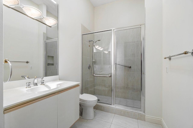 full bath with toilet, vanity, a stall shower, and tile patterned floors