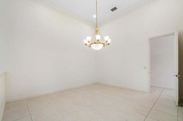 unfurnished room with a chandelier, light tile patterned floors, baseboards, visible vents, and ornamental molding