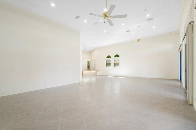 unfurnished room featuring baseboards, recessed lighting, ornamental molding, and a ceiling fan