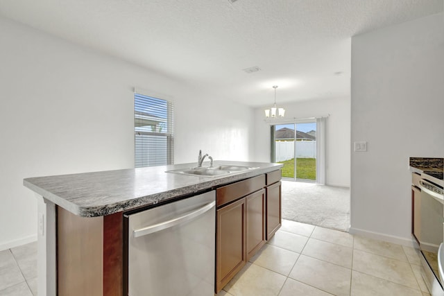 11265 SW Hadley St, Port Saint Lucie, FL 34987 - kitchen with a sink, range with electric cooktop, a center island with sink, an inviting chandelier, and dishwasher