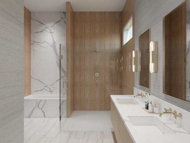115 Olympus Way, Jupiter, FL 33477 - bathroom with a sink, a marble finish shower, tile patterned floors, and a tub with marble appearance