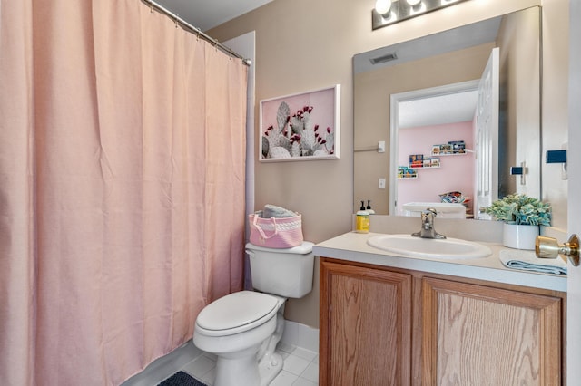 bathroom featuring a shower with curtain, vanity, toilet, tile patterned floors, and visible vents