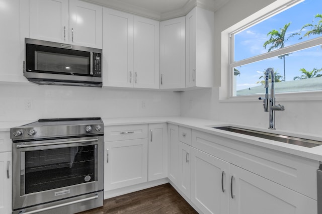 4015 Washington Rd, West Palm Beach, FL 33405 - kitchen with white cabinets, a sink, light countertops, dark wood-style floors, and stainless steel appliances