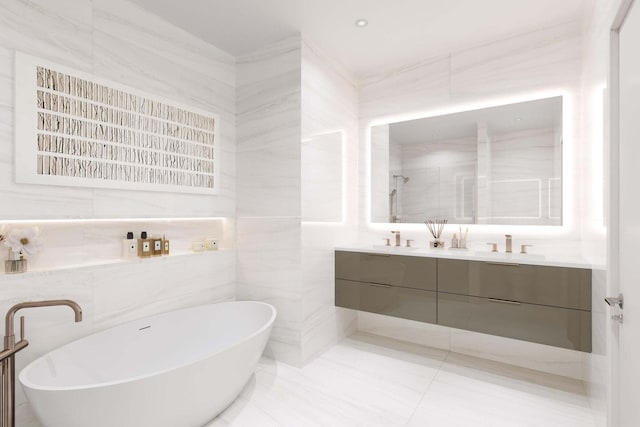 318 SE 5th Ave Unit D-208, Delray Beach, FL 33483 - full bath featuring double vanity, a freestanding bath, tile walls, and a walk in shower
