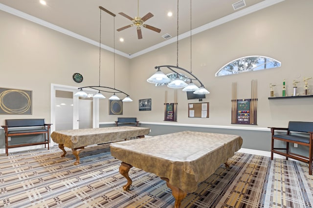 playroom with crown molding, pool table, a ceiling fan, visible vents, and a towering ceiling