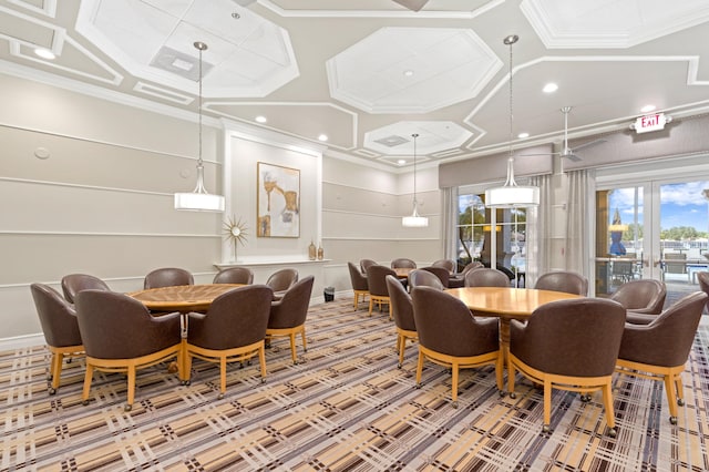 dining room with ornamental molding, coffered ceiling, and baseboards