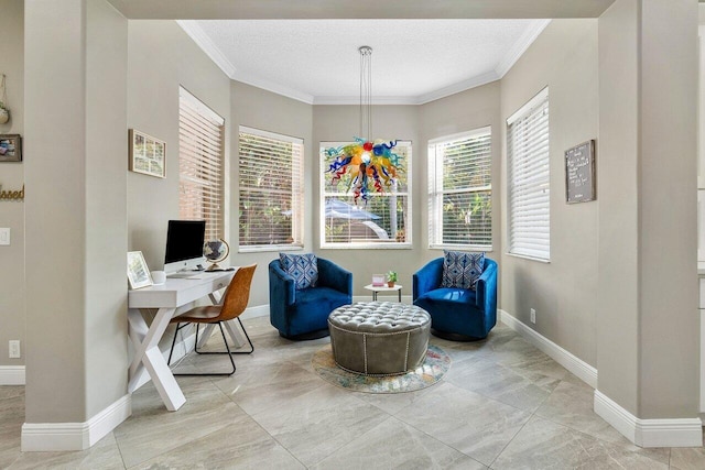 interior space with baseboards, a textured ceiling, and crown molding