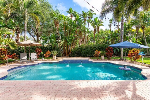 view of pool with a fenced in pool and a patio