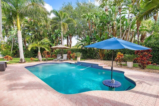 outdoor pool with a patio area