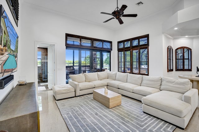 9210 Equus Cir, Boynton Beach, FL 33472 - living area with a ceiling fan, ornamental molding, a towering ceiling, and recessed lighting