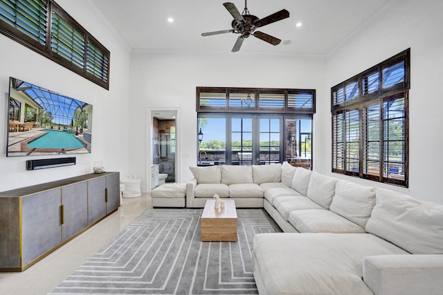 9210 Equus Cir, Boynton Beach, FL 33472 - living area with a high ceiling, recessed lighting, and ceiling fan