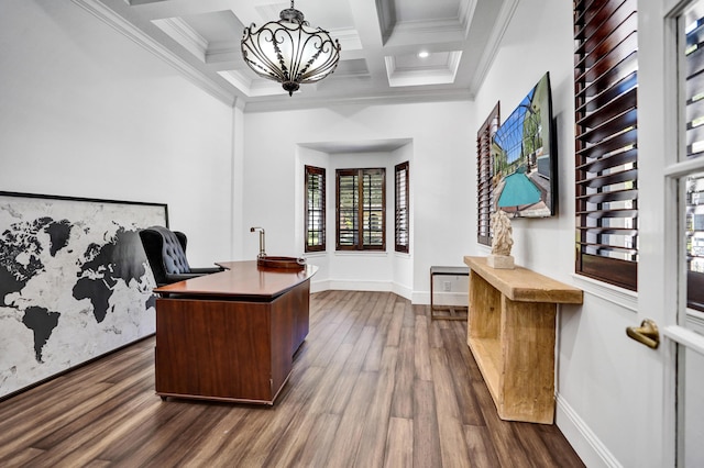 9210 Equus Cir, Boynton Beach, FL 33472 - home office with a chandelier, dark wood finished floors, baseboards, coffered ceiling, and beam ceiling