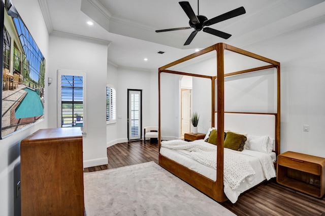 9210 Equus Cir, Boynton Beach, FL 33472 - bedroom with wood finished floors, crown molding, recessed lighting, baseboards, and ceiling fan
