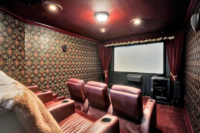 9210 Equus Cir, Boynton Beach, FL 33472 - home theater room featuring carpet, ornamental molding, a textured ceiling, and wallpapered walls