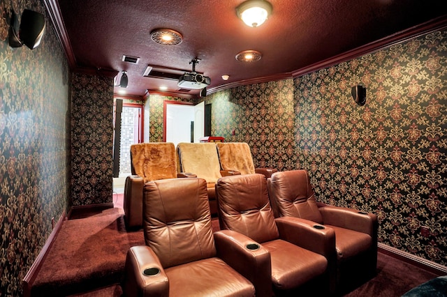 9210 Equus Cir, Boynton Beach, FL 33472 - carpeted home theater featuring ornamental molding, baseboards, wallpapered walls, and a textured ceiling