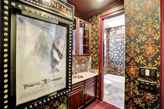 9210 Equus Cir, Boynton Beach, FL 33472 - bathroom with wallpapered walls, toilet, ornamental molding, vanity, and shower / bath combination