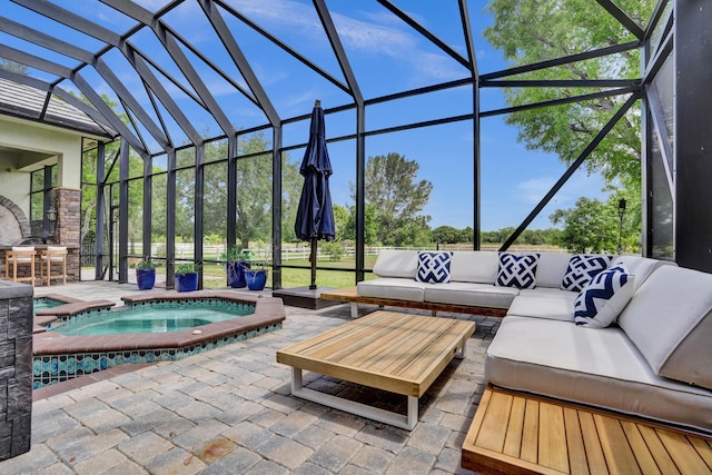 9210 Equus Cir, Boynton Beach, FL 33472 - view of patio / terrace with an in-ground hot tub, outdoor lounge area, and glass enclosure