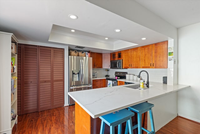 1423 SW 28th Ave, Boynton Beach, FL 33426 - kitchen with stainless steel appliances, a sink, a tray ceiling, a peninsula, and crown molding