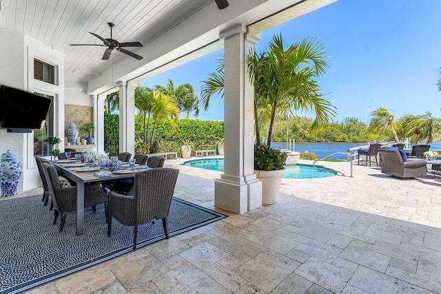 301 Fishermans Way, Jupiter, FL 33477 - view of patio / terrace featuring ceiling fan, outdoor dining space, an outdoor pool, and outdoor lounge area
