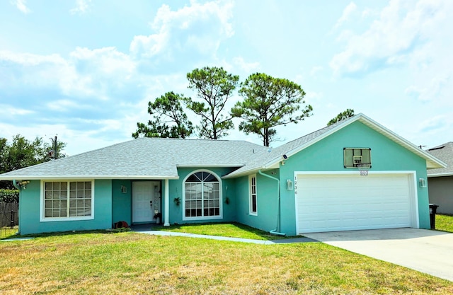 ranch-style home with stucco siding, a garage, concrete driveway, and roof with shingles