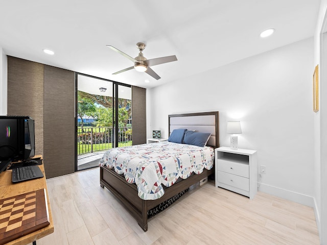 bedroom featuring a wall of windows, baseboards, access to outside, recessed lighting, and a ceiling fan