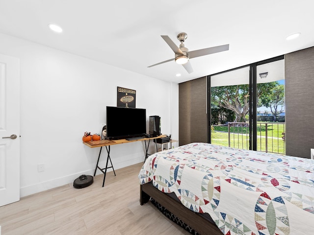 bedroom with access to exterior, wood finished floors, baseboards, ceiling fan, and recessed lighting
