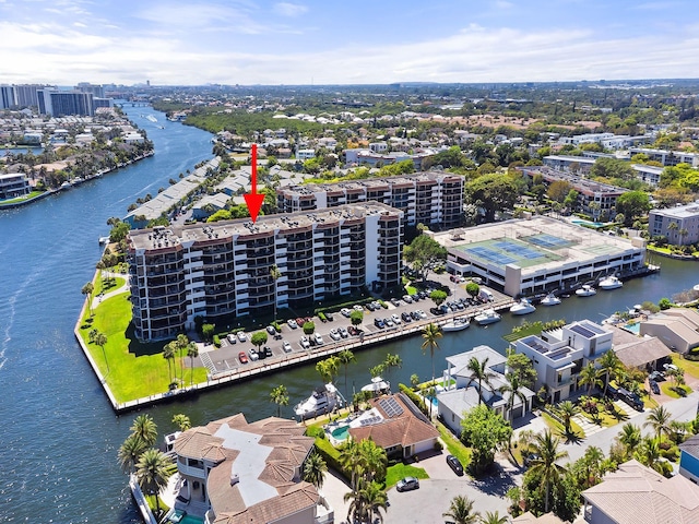 bird's eye view with a water view