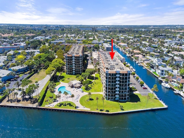 drone / aerial view featuring a water view