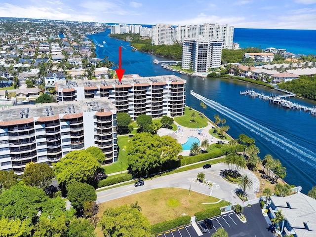 bird's eye view with a city view and a water view