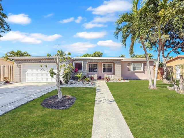6875 NW 1st Ct, Margate, FL 33063 - ranch-style house with an attached garage, driveway, a front yard, and brick siding
