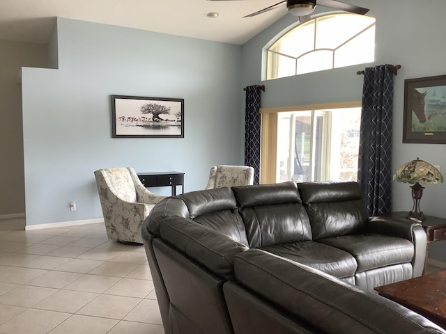 7007 Ashton St, Boynton Beach, FL 33437 - living room featuring a high ceiling, light tile patterned floors, baseboards, and a ceiling fan
