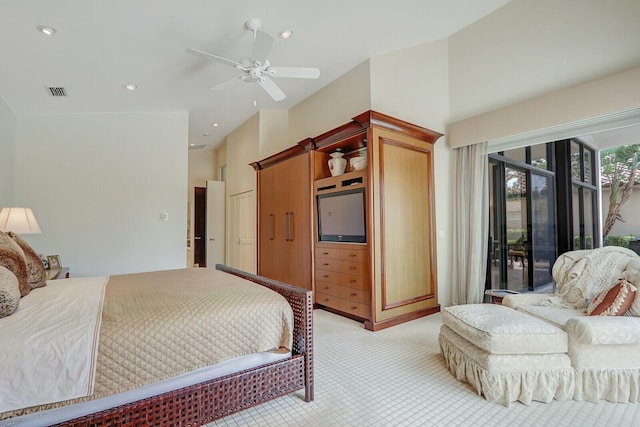 13315 Deauville Dr, Palm Beach Gardens, FL 33410 - bedroom featuring visible vents, access to outside, recessed lighting, and light carpet